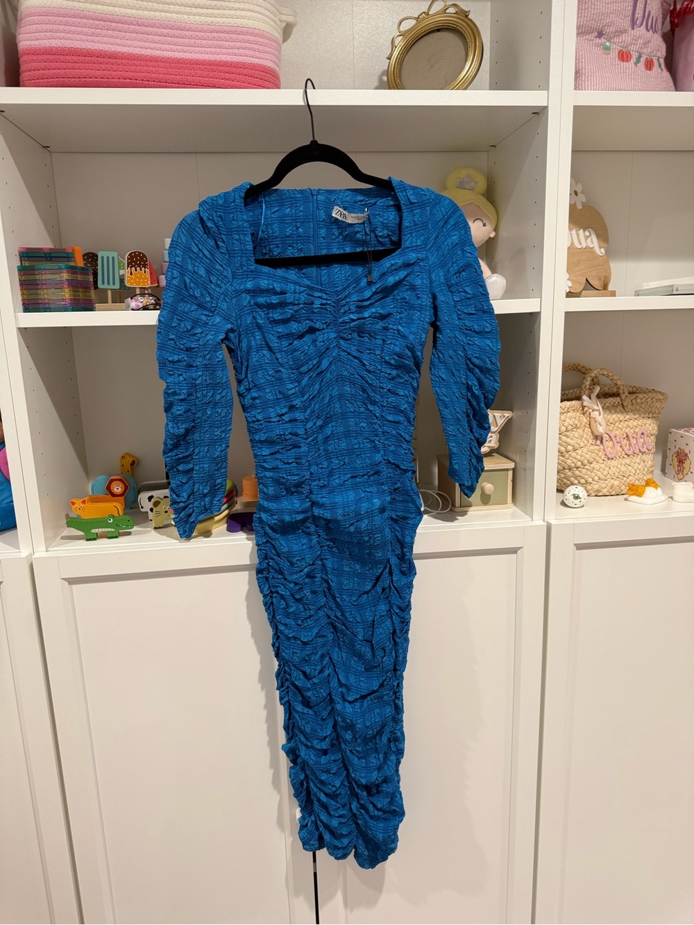 Zara XS Ruched Blue Long Sleeve Bodycon Dress